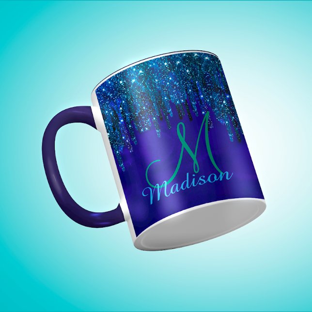 Niedlich-Türkis Unicorn Glitzer Tropfen Monogramm Tasse (Von Creator hochgeladen)