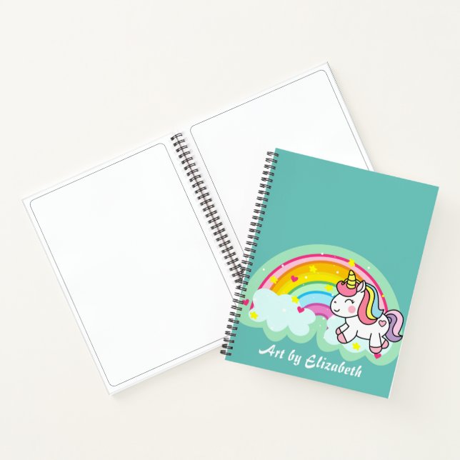 Niedlich Türkis Unicorn Rainbow Name Sketch Notizbuch (Innenseite)