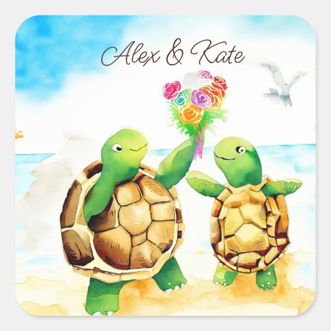 Niedlich Turtle Couple | Romantische Hochzeit Quadratischer Aufkleber (Vorderseite)