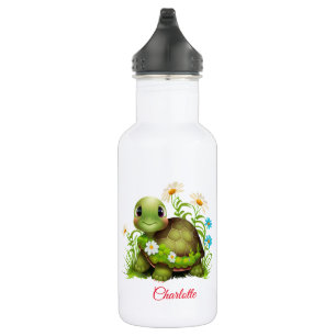 Niedlich Turtle Floral Personalisiert Name Edelstahlflasche