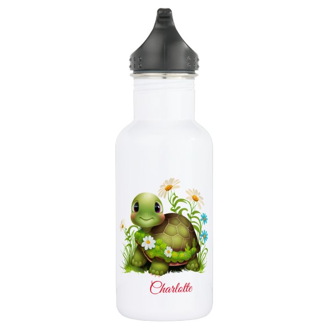 Niedlich Turtle Floral Personalisiert Name Edelstahlflasche (Rechts)