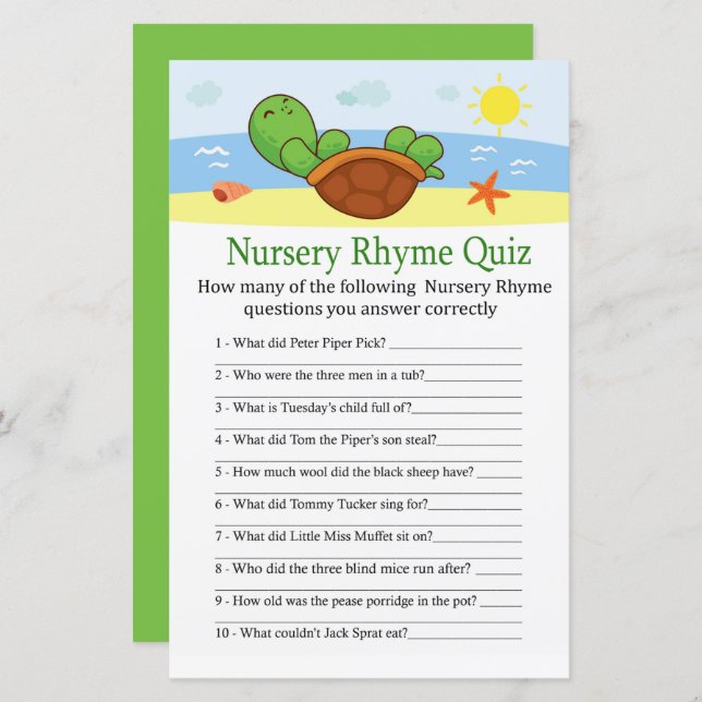 Niedlich Turtle Kinderzimmer Rhyme Quiz Kinderdusc (Vorne/Hinten)