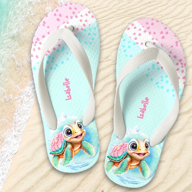 Niedlich Turtle Personalisiert Girls' Kid's Flip F Kinderbadesandalen (Von Creator hochgeladen)
