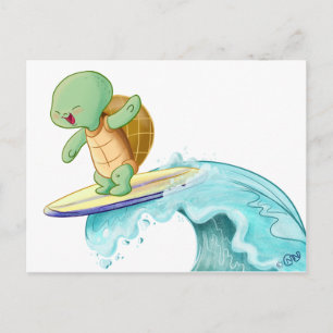Niedlich Turtle Surfing Kawaii Postcard Postkarte