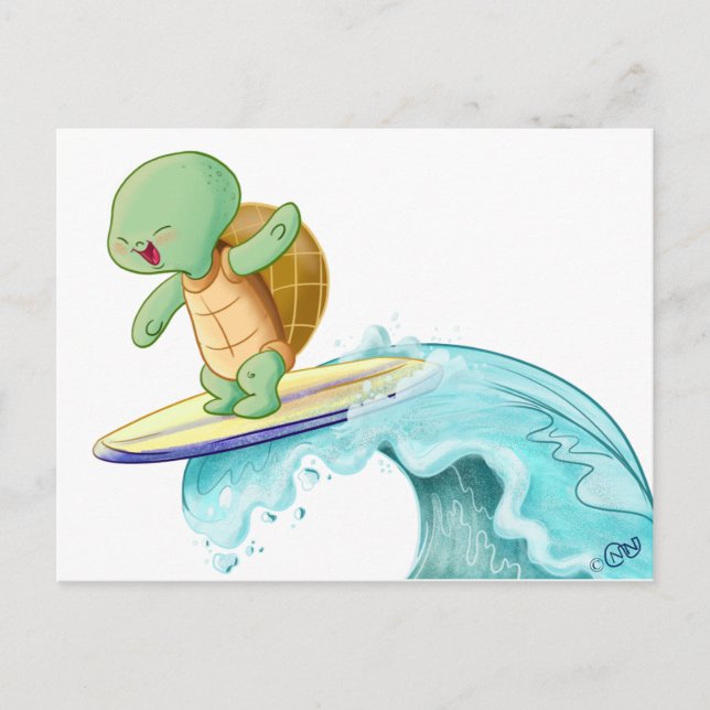 Niedlich Turtle Surfing Kawaii Postcard Postkarte (Vorderseite)