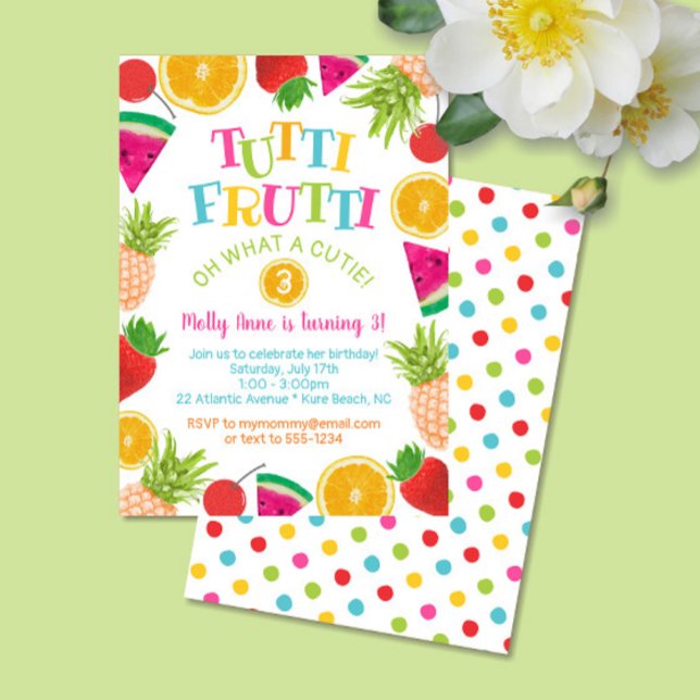 Niedlich Tutti Frutti Wasserfarben Frucht Geburtst Einladung (Tutti Frutti Colorful Polka Dots Birthday Invitation)