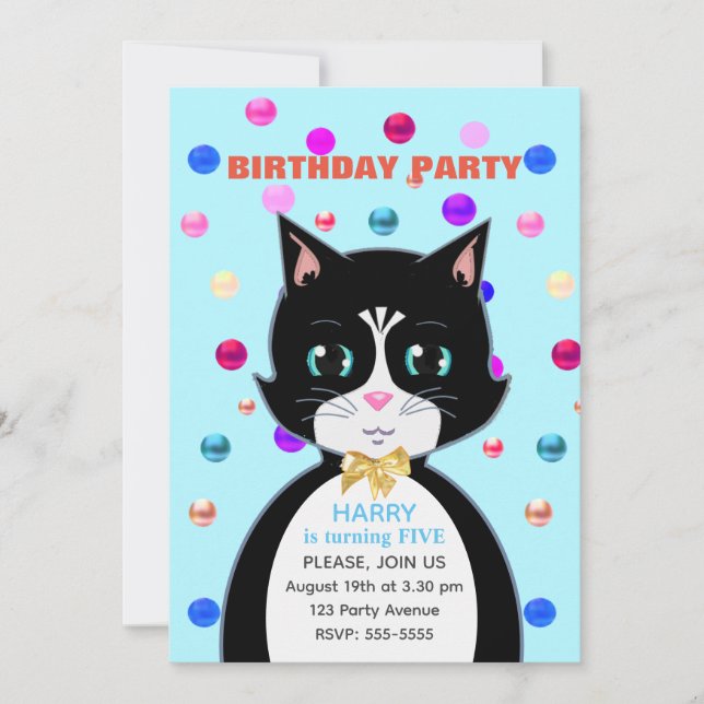 Niedlich Tuxedo Birthday Cat & Multicolor Confetti Einladung (Vorderseite)