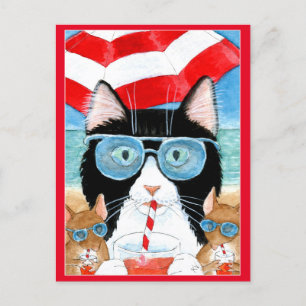 Niedlich Tuxedo Cat Maus Strand Sommerurlaub Postkarte