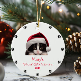 Niedlich Tuxedo Cat Weihnachtsmannmütze Paw Print  Keramik Ornament