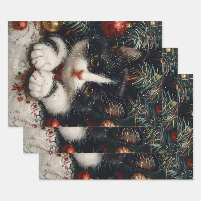 Niedlich Tuxedo Kitten Christmas Cat Art Geschenkpapier Set (Set)