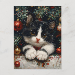 Niedlich Tuxedo Kitten Christmas Cat Art Postkarte