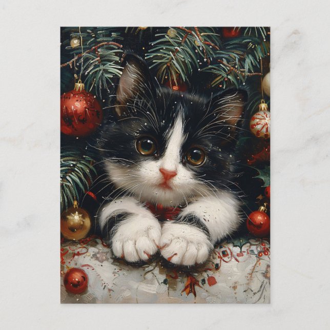 Niedlich Tuxedo Kitten Christmas Cat Art Postkarte (Vorderseite)