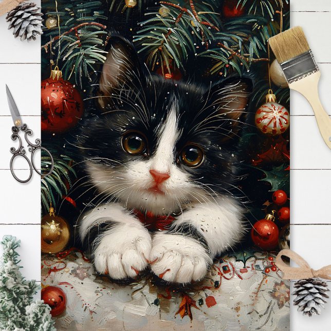 Niedlich Tuxedo Kitten Weihnachtskatze Decoupage Seidenpapier (Von Creator hochgeladen)