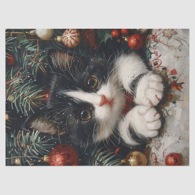 Niedlich Tuxedo Kitten Weihnachtskatze Decoupage Seidenpapier (Vorderseite)