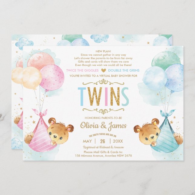 Niedlich Twin Teddy Bear Girl Boy Baby Dusche per  Einladung (Vorne/Hinten)