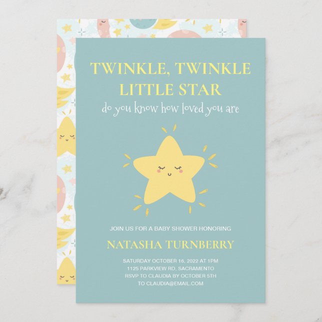 Niedlich Twinkle Little Star Blue Yellow Baby Dusc Einladung (Vorne/Hinten)