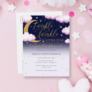 Niedlich Twinkle Little Star Girl's First Birthday Einladungspostkarte