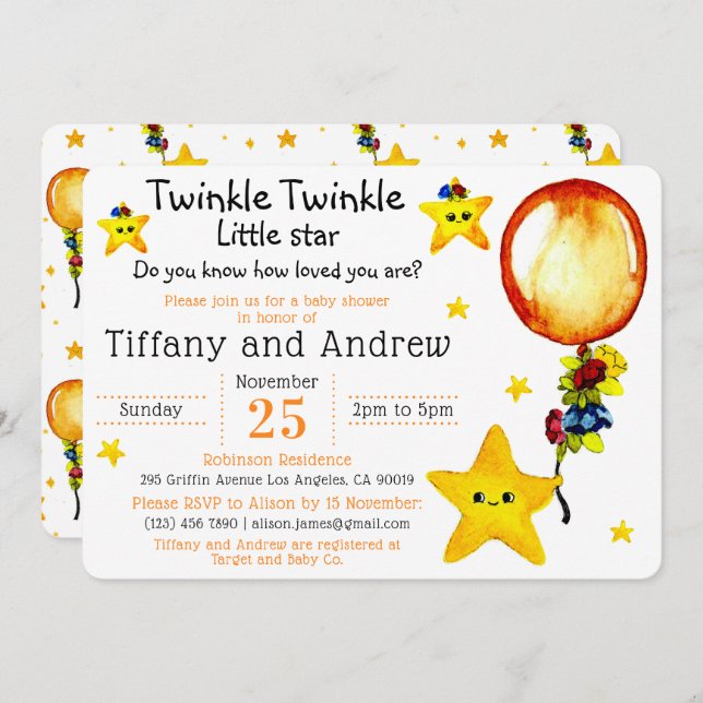 Niedlich Twinkle Twinkle Little Star Co-Babydusche Einladung (Vorne/Hinten)