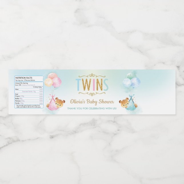 Niedlich Twins Boy Girl Teddy Bear Baby Showvortei Wasserflaschenetikett (Einzelnes Label)