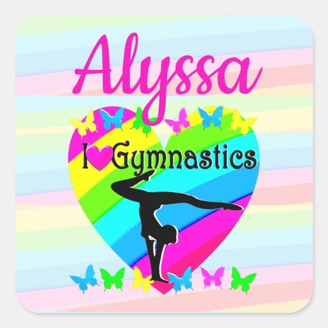 NIEDLICH UND FARBEITIG I LIEBE GYMNASTIK QUADRATISCHER AUFKLEBER (Vorderseite)