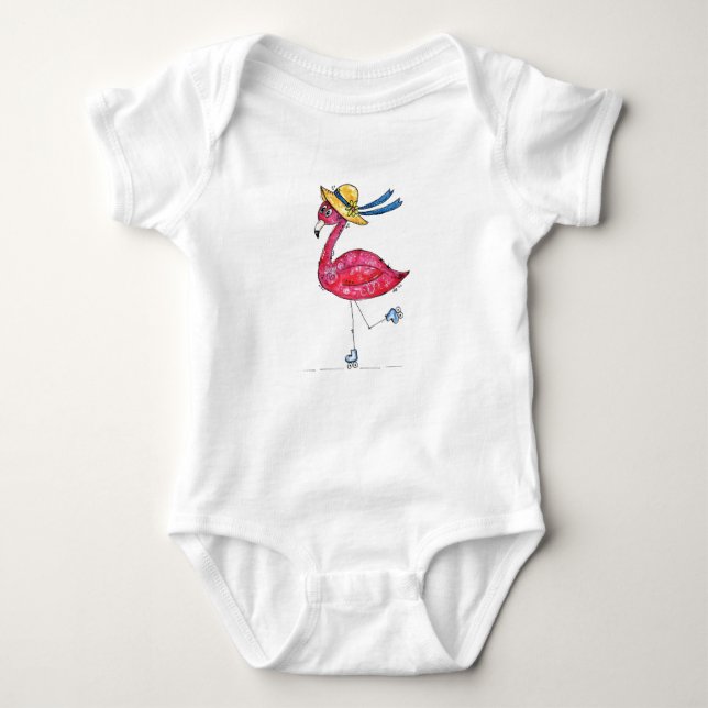 Niedlich und Whimsical Pink Flamingo auf Skaten Baby Strampler (Vorderseite)