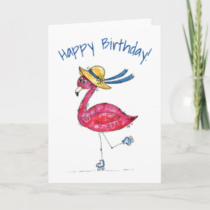 Niedlich und Whimsical Pink Flamingo auf Skaten Karte