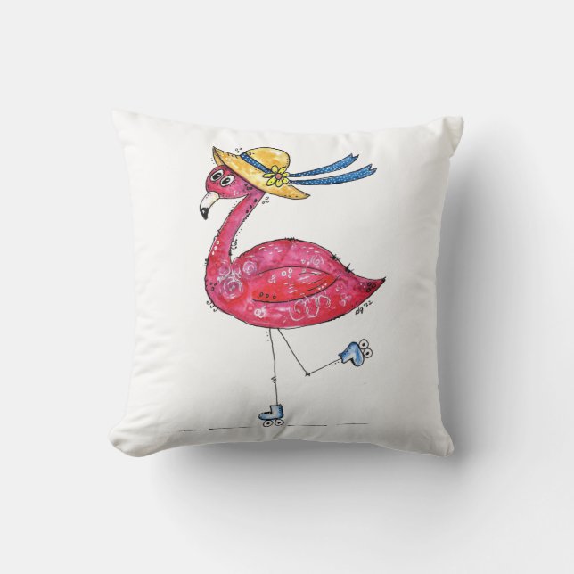 Niedlich und Whimsical Pink Flamingo auf Skaten Kissen (Vorderseite)