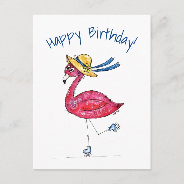 Niedlich und Whimsical Pink Flamingo auf Skaten Postkarte (Vorderseite)