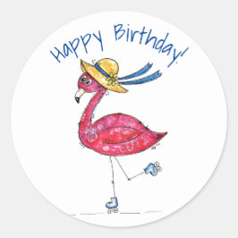 Niedlich und Whimsical Pink Flamingo auf Skaten Runder Aufkleber