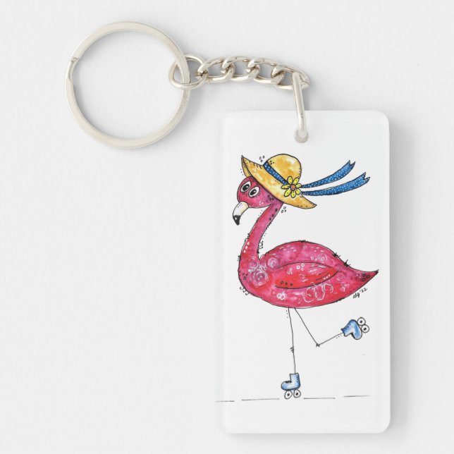 Niedlich und Whimsical Pink Flamingo auf Skaten Schlüsselanhänger (Vorderseite)