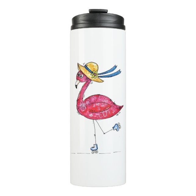 Niedlich und Whimsical Pink Flamingo auf Skaten Thermosbecher (Vorderseite)