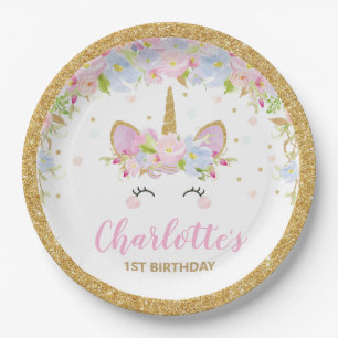 Niedlich Unicorn 1. Geburtstag Floral Whimsical Pappteller