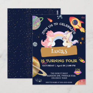 Niedlich Unicorn Dinosaur Galaxy Rocket Geburtstag Postkarte