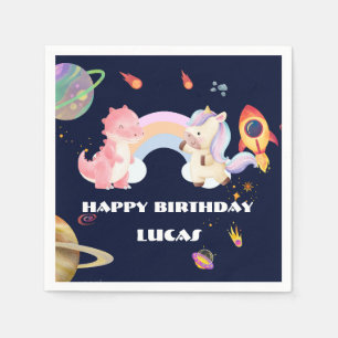 Niedlich Unicorn Dinosaur Galaxy Rocket Geburtstag Serviette