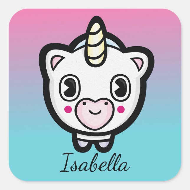 Niedlich Unicorn Emoji Ombre Namenskleber Quadratischer Aufkleber (Vorderseite)