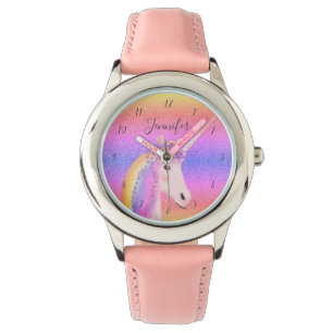 Niedlich Unicorn Glitzer Regenbogen Personalisiert Armbanduhr