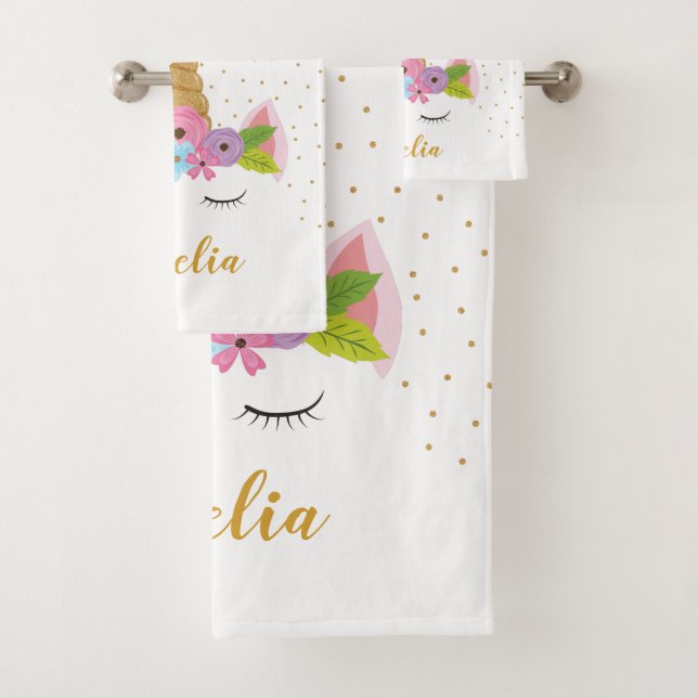 Niedlich Unicorn Gold Glitzer Girly Individuelle N Badhandtuch Set (Insitu)