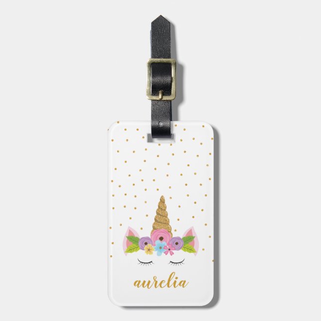 Niedlich Unicorn Gold Glitzer Girly Individuelle N Gepäckanhänger (Vorderseite vertikal)