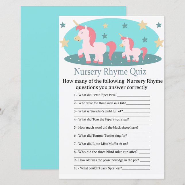 Niedlich Unicorn Kinderzimmer Rhyme Quiz Kinderdus (Vorne/Hinten)
