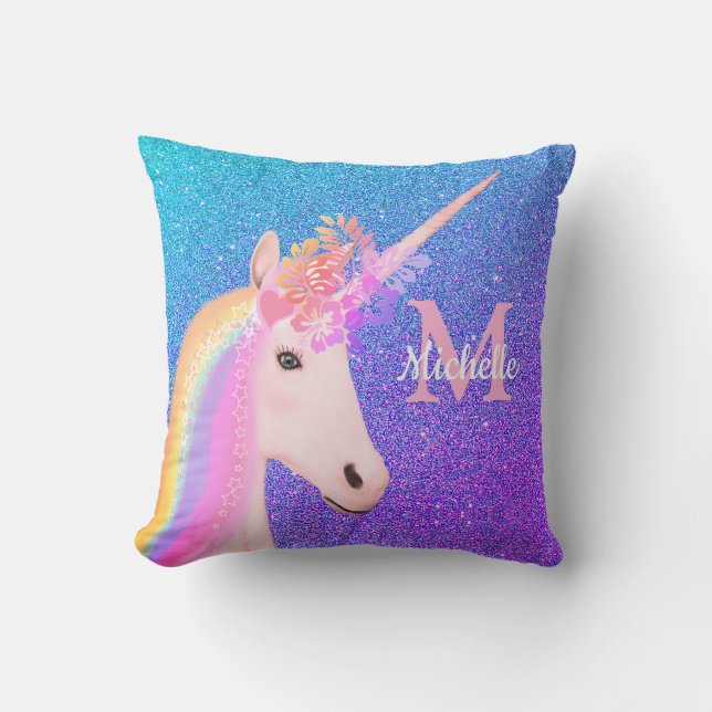 Niedlich Unicorn Lila Ombre Glitzer Personalisiert Kissen (Vorderseite)