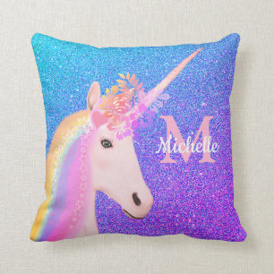 Niedlich Unicorn Lila Ombre Glitzer Personalisiert Kissen
