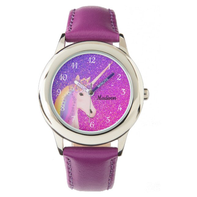 Niedlich Unicorn Lila Pink Glitzer Ombre Individue Armbanduhr (Vorderseite)