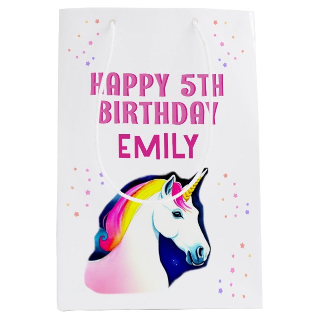 Niedlich Unicorn Magical Star Girl Happy Birthday Mittlere Geschenktüte (Vorderseite)