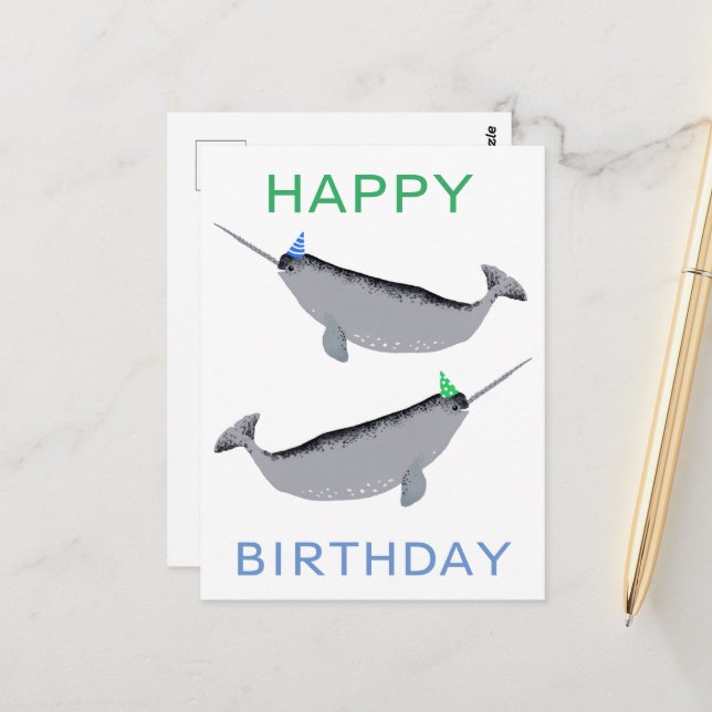 Niedlich Unicorn Narwhal Whale Whaley Happy Birthd Postkarte (Vorderseite/Rückseite Beispiel)