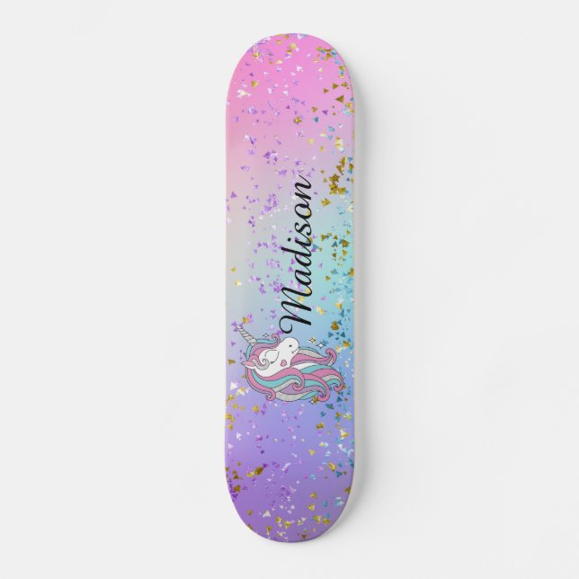Niedlich Unicorn Ombre Rainbow Glitzer Sparkle Skateboard (Vorderseite)