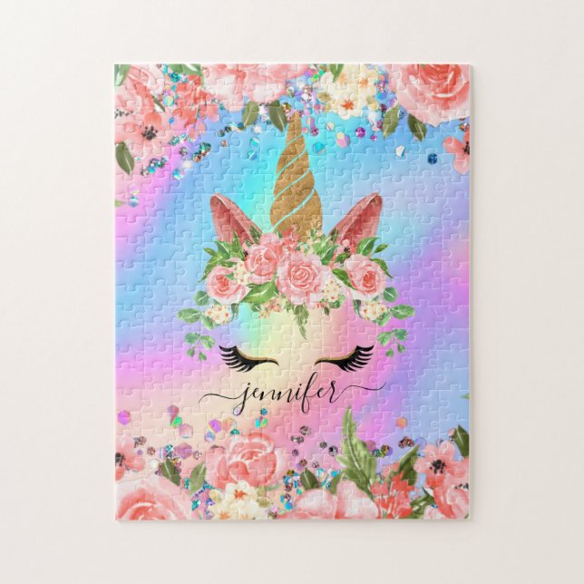 Niedlich Unicorn Personalisierter Name Regenbogen  Puzzle (Vertikal)