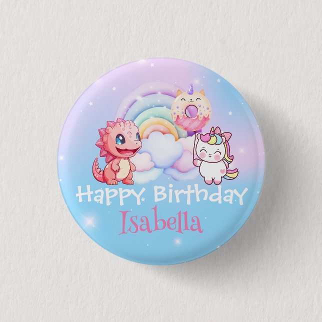 Niedlich Unicorn Rainbow Dino Donut Ballon Geburts Button (Vorderseite)