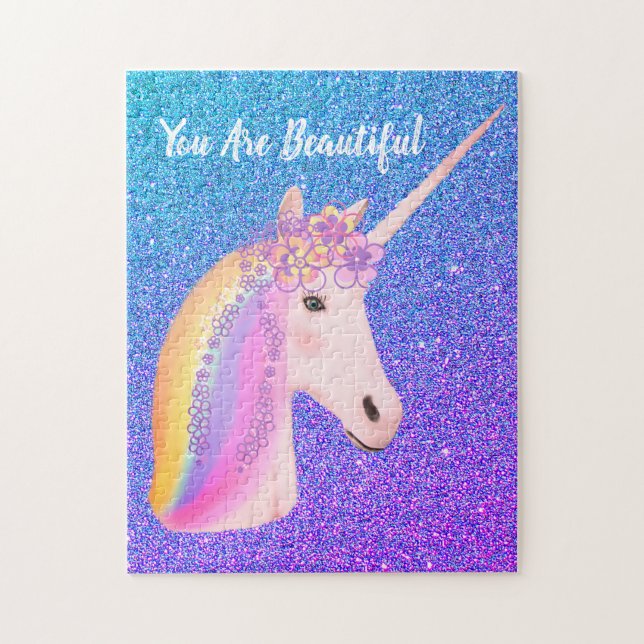 Niedlich Unicorn Rainbow Lila Blue Ombre Glitzer Puzzle (Vertikal)