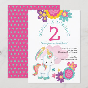 Niedlich Unicorn Rosa Aquamarin Girl 2. Geburtstag Einladung
