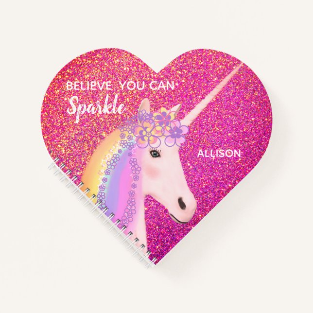 Niedlich Unicorn Rosa Glitzer Sparkle Personalisie Notizbuch (Vorderseite)